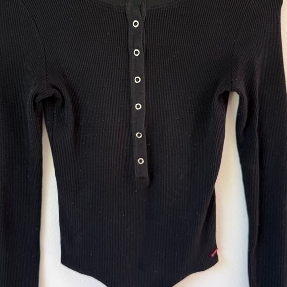 n: PHILANTHROPY Monty Waffle Snap Front Long Sleeve Bodysuit | Black Cat | Small - Picture 7 of 8